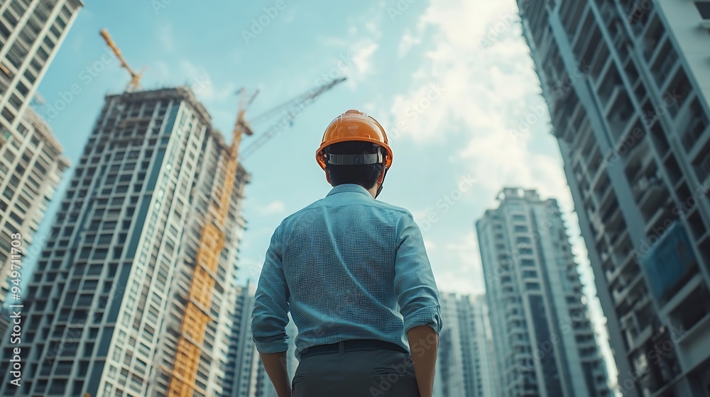 Poster Tablet engineer and man with helmet on construction site for development or building in city on project Male person tech and architecture as manager for progress in industrial design a : Generative AI