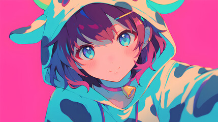 Naklejka premium cute cow character wearing anime onesie costume, anime style, cute kawaii, simple, smiling happy. neon psychedelic background