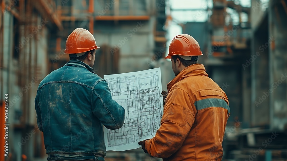 Poster Engineer and foreman worker team with blueprints checking project at the precast concrete factory site Engineer and builders in hardhats discussing on construction site : Generative AI