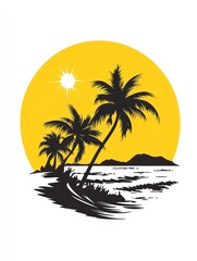A tropical beach scene featuring palm trees silhouetted against a bright yellow sun.