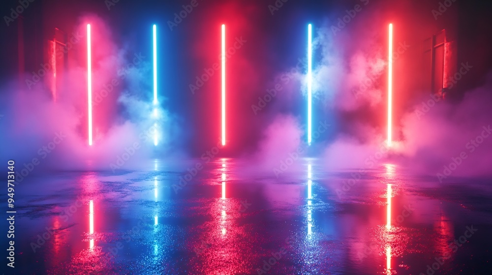 Poster empty background scene dark street reflection on wet asphalt rays of neon colorful light in the dark
