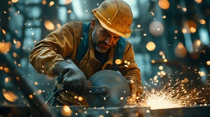 Mature construction worker cutting metal with circular hand saw : Generative AI