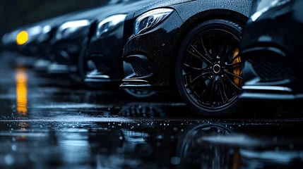 Black sedan cars standing in a row Fleet of generic modern cars Transportation Luxury car fleet consisting of generic brandless design isolated in dark background after rain wet surfac : Generative AI