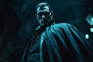 Obraz premium Dracula rises from the shadows with a menacing gaze, evoking an aura of mystery and darkness in an ancient setting
