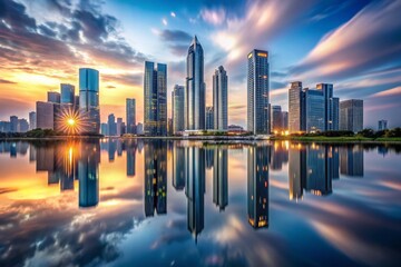Fototapeta premium futuristic cityscape immersed in perpetual twilight gleaming metallic towers reflected in serene waters tranquil atmosphere achieved through long exposure silky waters