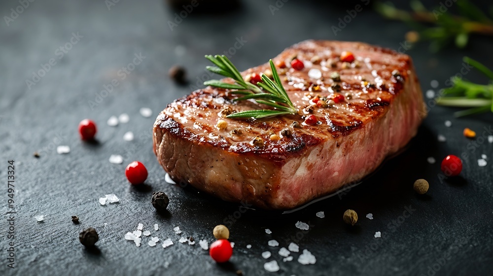 Poster delicious juicy pork or beef steak with salt spices and herbs on a textured concrete background : ge