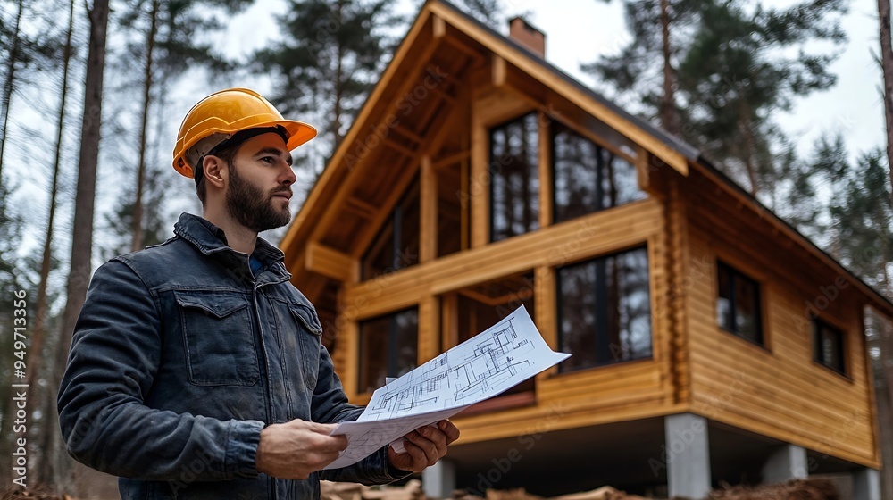 Poster worker building wooden twostory house near the forest man in work clothes and hard hat reviewing the