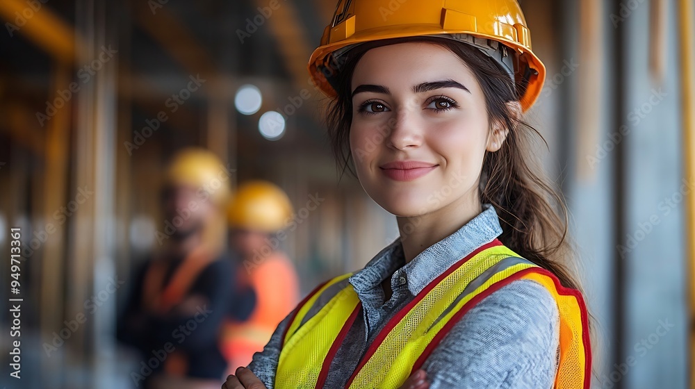 Poster portrait of happy beautiful woman engineer worker with safety vest and helmet stands with arms cross