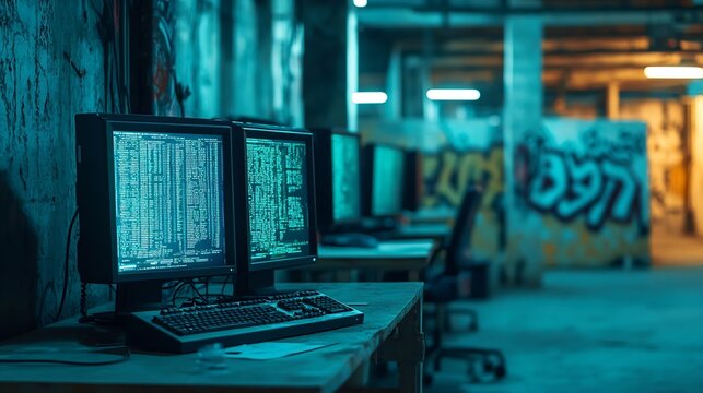 Jib down shot of advanced technology computer system running malicious code in empty warehouse PC monitors in empty graffiti painted underground hideout used by hackers to commit illic : Generative AI