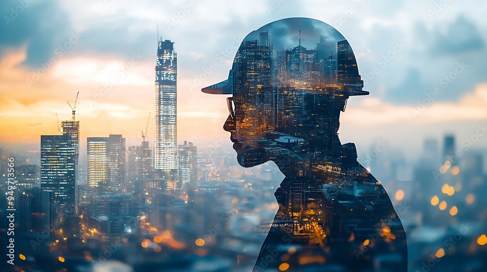 Aufkleber The double exposure image of the engineer thinking overlays with cityscape image with copy space The concept of engineering construction futuristic and industry : Generative AI