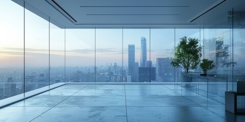 Empty modern office space with floor-to-ceiling glass windows offering a panoramic city view, minimalistic design with natural light and potted plants