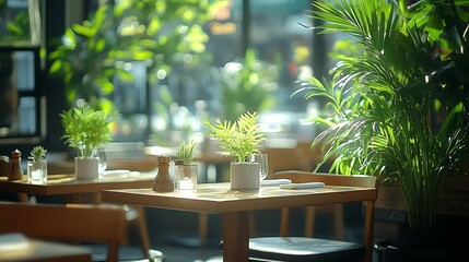 No people wide shot of modern upscale restaurant interior with wooden tables stylish chairs and green houseplants copy space : Generative AI