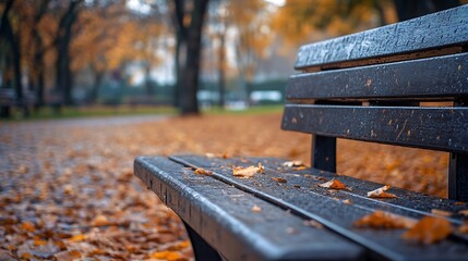 Fototapeta premium an empty wooden bench seat in a park in autumn : Generative AI