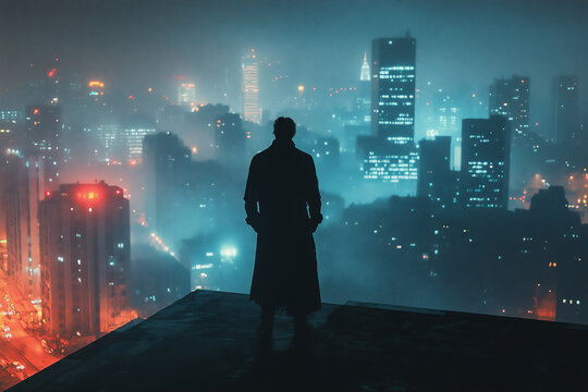 A mysterious vampire poised on a skyscraper rooftop overlooking a glowing city at twilight