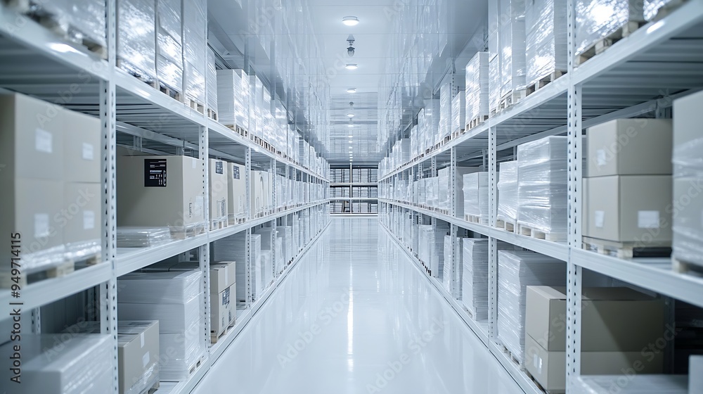 Aufkleber rows of shelves with boxes in the factory warehouse a perfectly white clean warehouse smooth boxes s