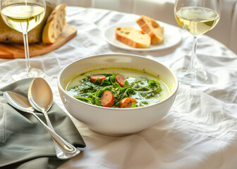 Portuguese soup with chorizo sausages caldo verde and white wine on the white table cloth
