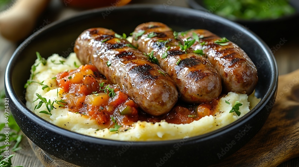 Poster devilled sausages with mashed potato spiced tomato and apple sauce : generative ai