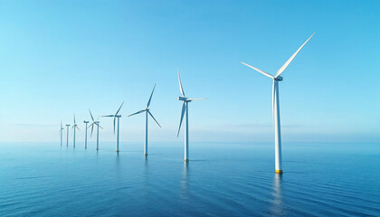 Wind turbines harnessing energy in a calm ocean with a bright blue sky and unobstructed horizon.







