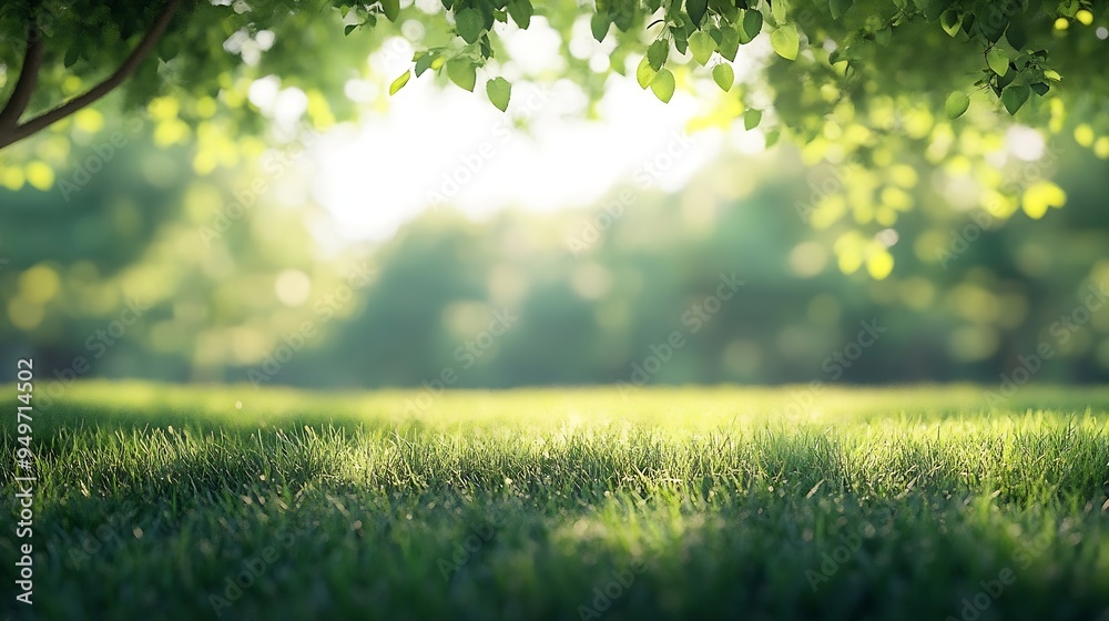 Poster blurred photogreen tree background view of the wild grass lawn light sky : generative ai