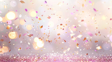 Pink and gold confetti falling on sparkling surface with glowing lights, creating a festive atmosphere for celebrations