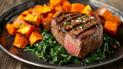 Succulent grilled steak served with roasted sweet potatoes and sauteed spinach on a rustic black plate, garnished with fresh herbs.