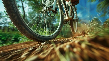 Naklejka premium Mountain bike wheel. Close-up of a mountain bike tire rolling on a dirt path, showcasing speed and adventure.