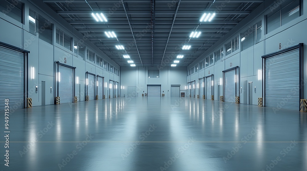Poster panorama of empty room of modern storehouse with gates and selfleveling floor : generative ai