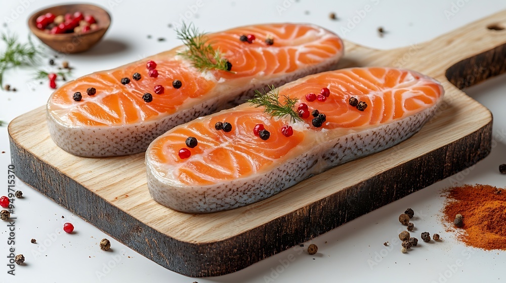 Poster wooden board with raw salmon steaks and different spices on white background : generative ai