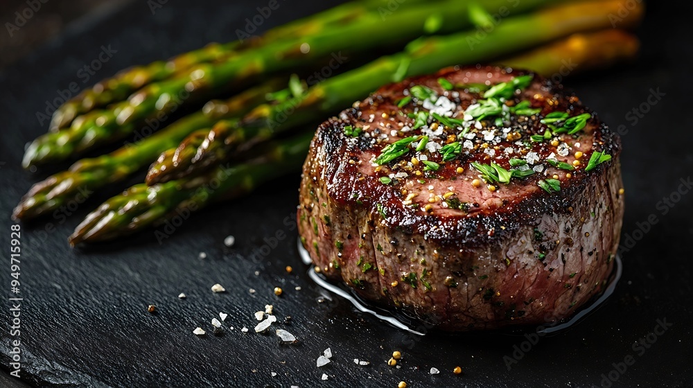Aufkleber Grilled Fillet Mignon Steak with roasted asparagus Black background Top view Copy space : Generative AI
