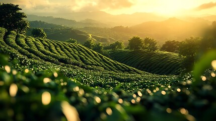 Panoramic of coffee plantation in the early evening : Generative AI