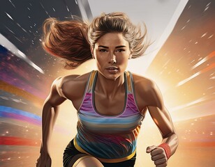 A vibrant and dynamic illustration of an Olympic runner in mid-stride, capturing the energy and spirit of athletic competition with artistic flair - Generative AI