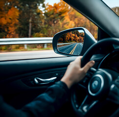 Photograph taken from inside a moving car