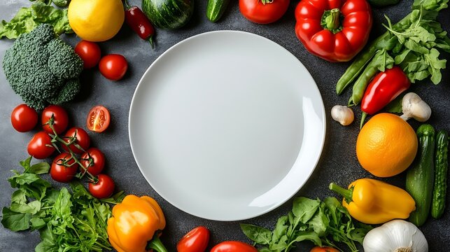 World food day vegetarian day Vegan day concept Top view of fresh vegetables fruit with empty plate on white paper background : Generative AI