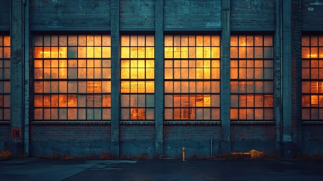 exterior of big old warehouse with windows at night : Generative AI