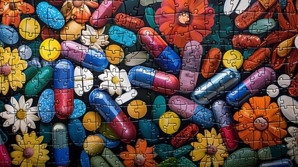 A puzzle made from colorful pills, vibrant colors, intricate design, sharp details, high contrast, bright lighting, hd quality, natural look. --ar 16:9 --v 6.0 --s 250 --style raw