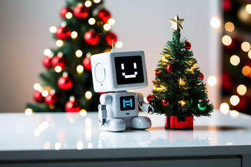 Futuristic Christmas concept featuring small christmas tree and robot companion on white desk