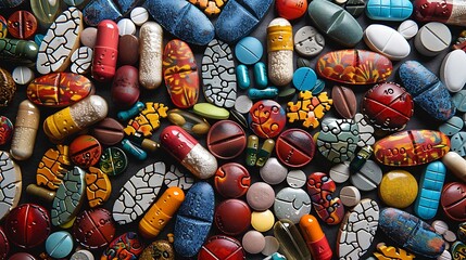 A puzzle with pieces created from colorful pills, vibrant colors, intricate design, sharp details, high contrast, bright lighting, hd quality, natural look. --ar 16:9 --v 6.0 --s 250 --style raw