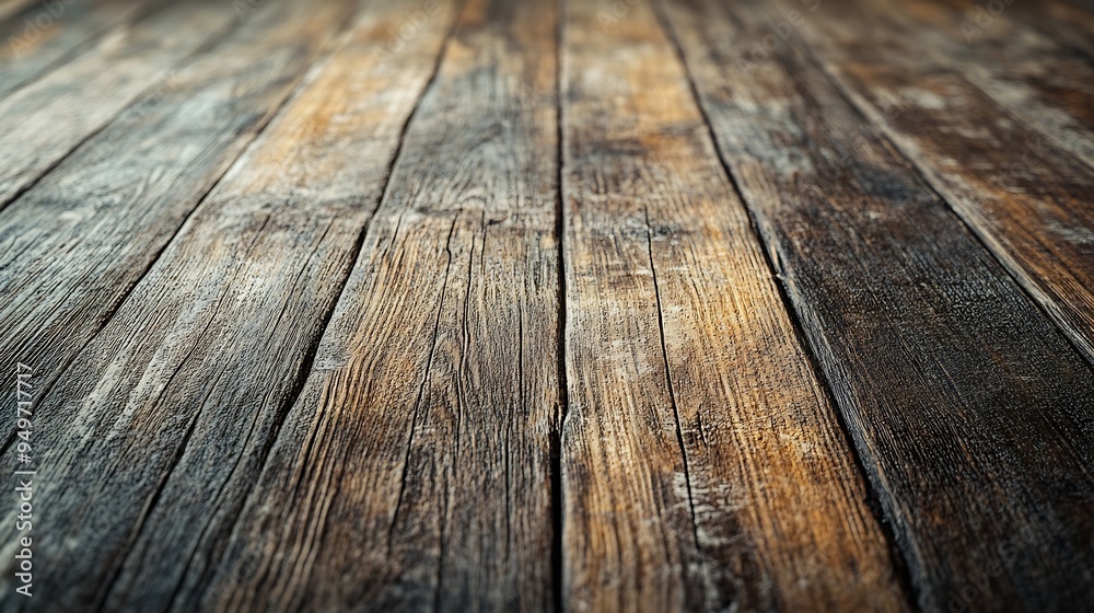 Poster Close up of rustic wooden plank floor aged by the passage of time placed in vertical format with a very marked texture : Generative AI