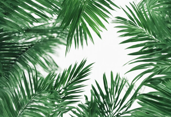 Overlay frame from fresh green jungle palm leaves on white background