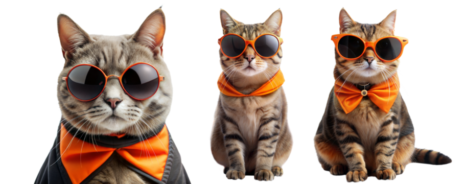 Set of costumed Halloween cats. Funny cute cats wearing Halloween orange outfits bows and sunglasses isolated on white transparent background, cut out png elements