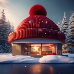 house with a huge red woolen hat in wintertime covering the whole roof. energy saving concept