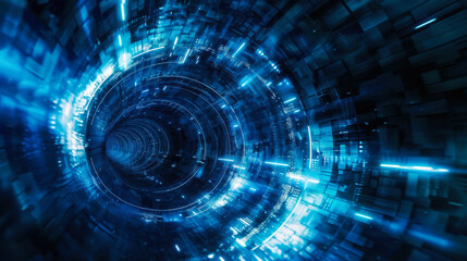 Fototapeta premium Dynamic blue digital tunnel visualizing data flow through a futuristic network environment