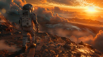 Obraz premium An astronaut looking back at the first footprint they’ve left on the surface of an uncharted planet, with the alien landscape stark and desolate, the sky filled with unfamiliar celestial bodies,