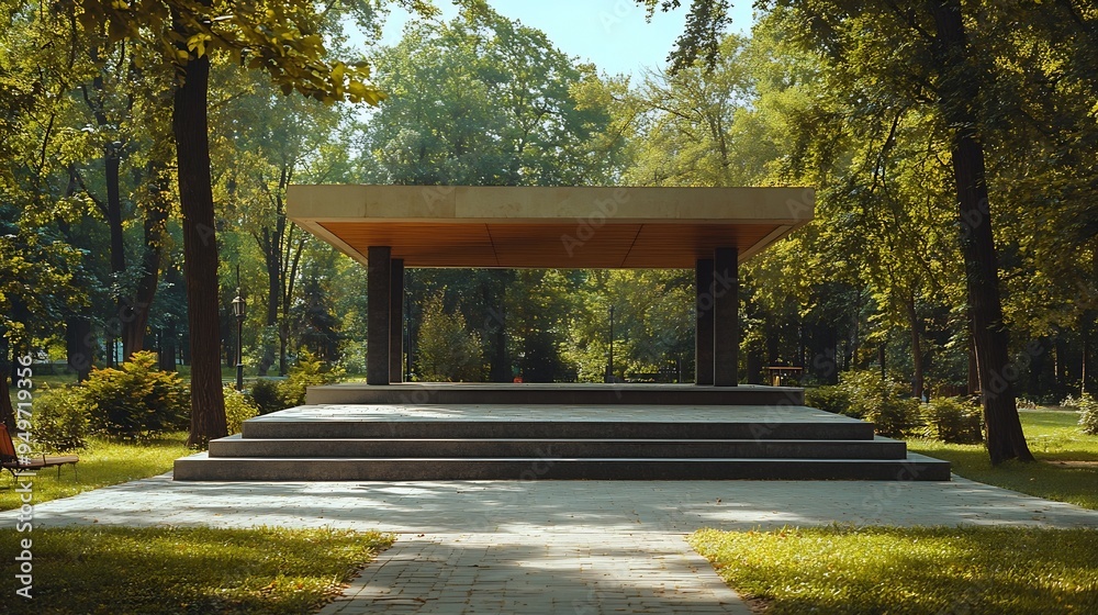 Aufkleber Empty open air stage in a park with a sound projecting roof Akniste Latvia : Generative AI