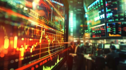 Stock market data display. Financial data displayed on monitors in a busy trading room, showcasing the dynamic nature of the stock market.