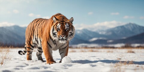 Obraz premium A tiger walks across a snow-covered field.