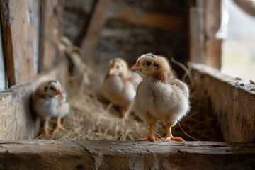 Obraz premium Baby chickens in wooden crate amidst rustic barn setting. Close-up view of fluffy feathers and straw scattered around them. One chicken stands on hind legs, gazing directly at the camera.