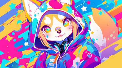 cute dog character wearing anime onesie costume, anime style, cute kawaii, simple, smiling happy. neon psychedelic background