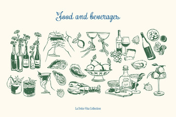 Minimalist hand drawn food and beverages vector illustration collection. Art for greeting cards, wedding invitations, poster design, postcards, branding, logo design. Matisse style doodles.