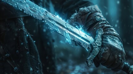 Ice sword. A gloved hand tightly grips a magical sword, its blade glowing with an ethereal blue light.